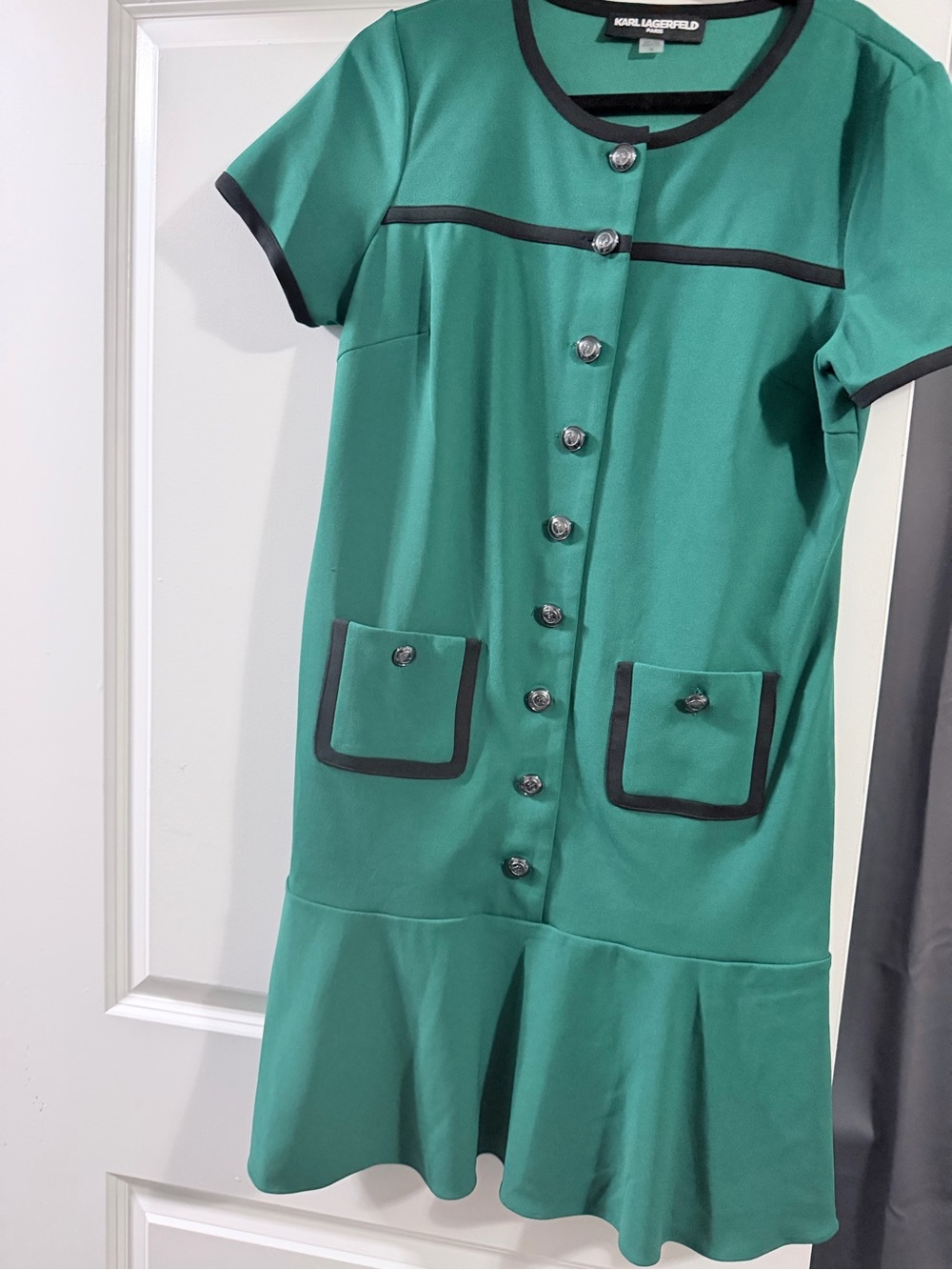 Karl Lagerfeld emerald green button-front mini dress with black trim